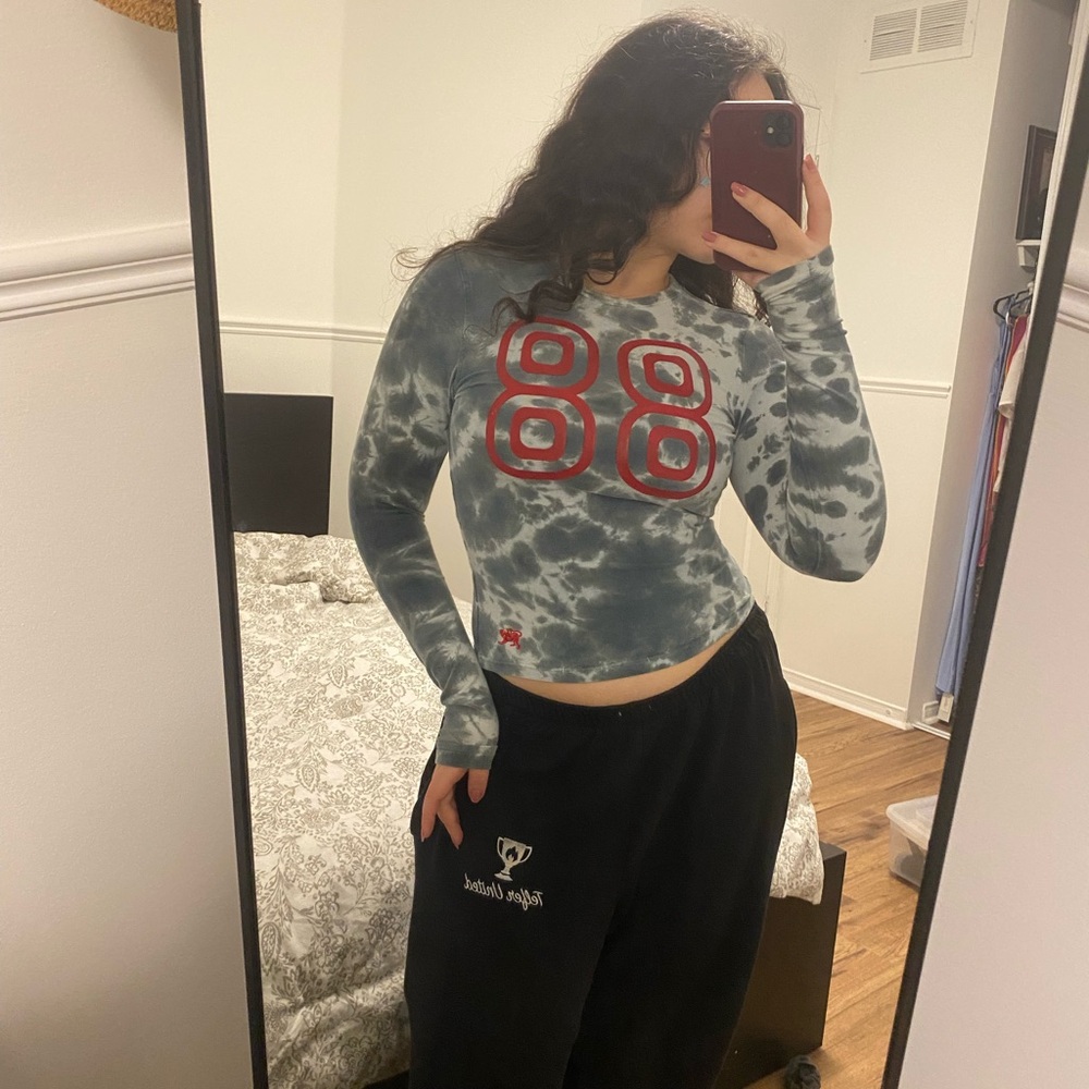 Blue Tie-Dye Long Sleeve Top with Red Design